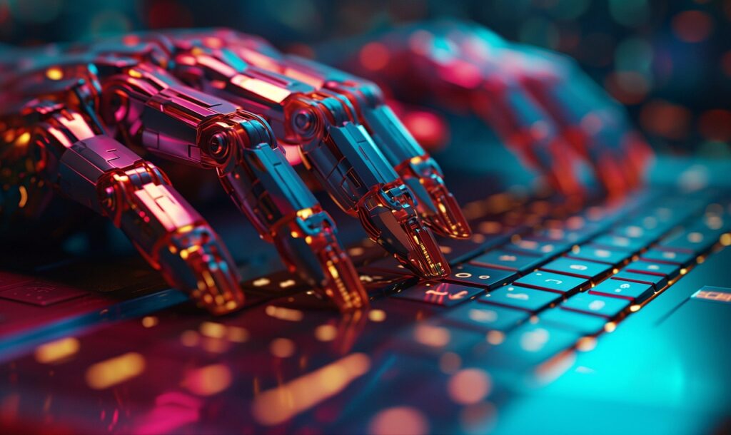 SEO Trends 2025 concept: Robotic hands typing on Desktop