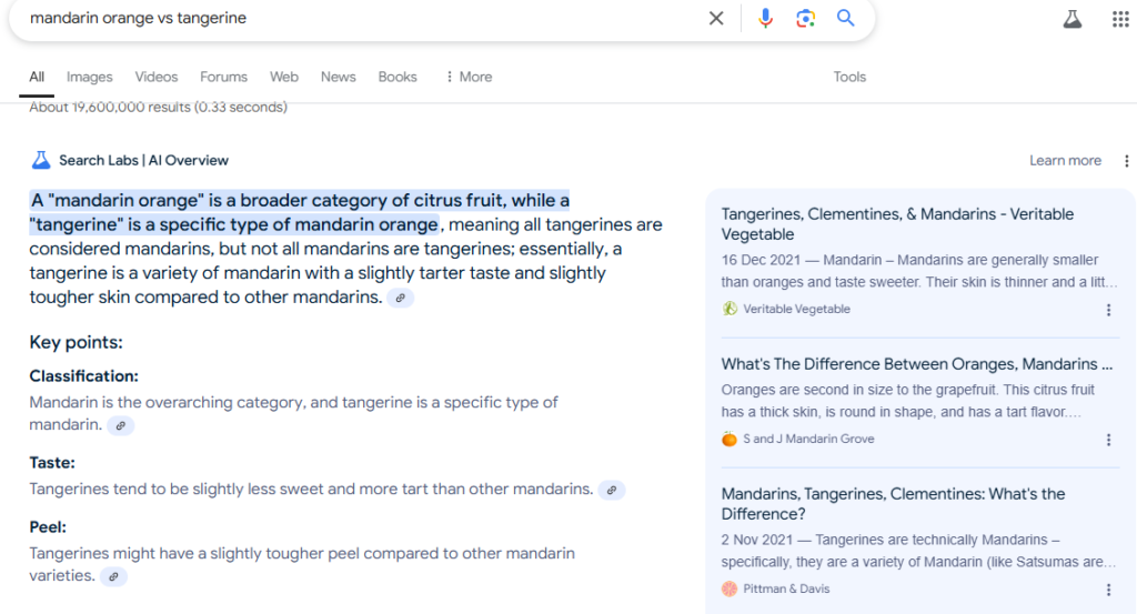 ai search result for the query 'madarin vs tangerine'