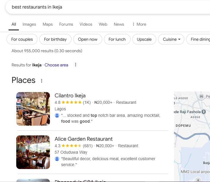 SERP for the query 'best restaurants in Ibadan'